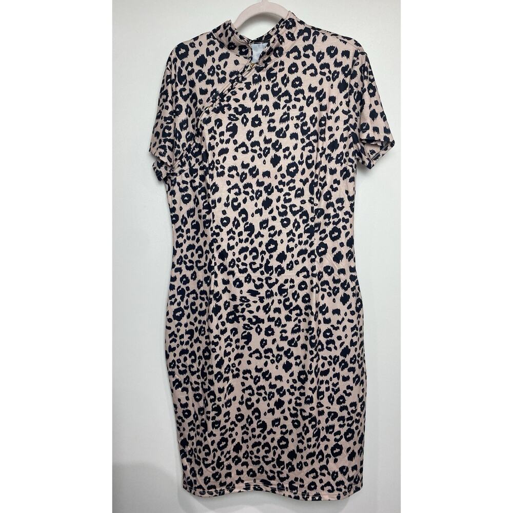 Oxiuly Women's Bodycon Leopard Print Short Sleeve Dress Form Fitting Sz 2XL New